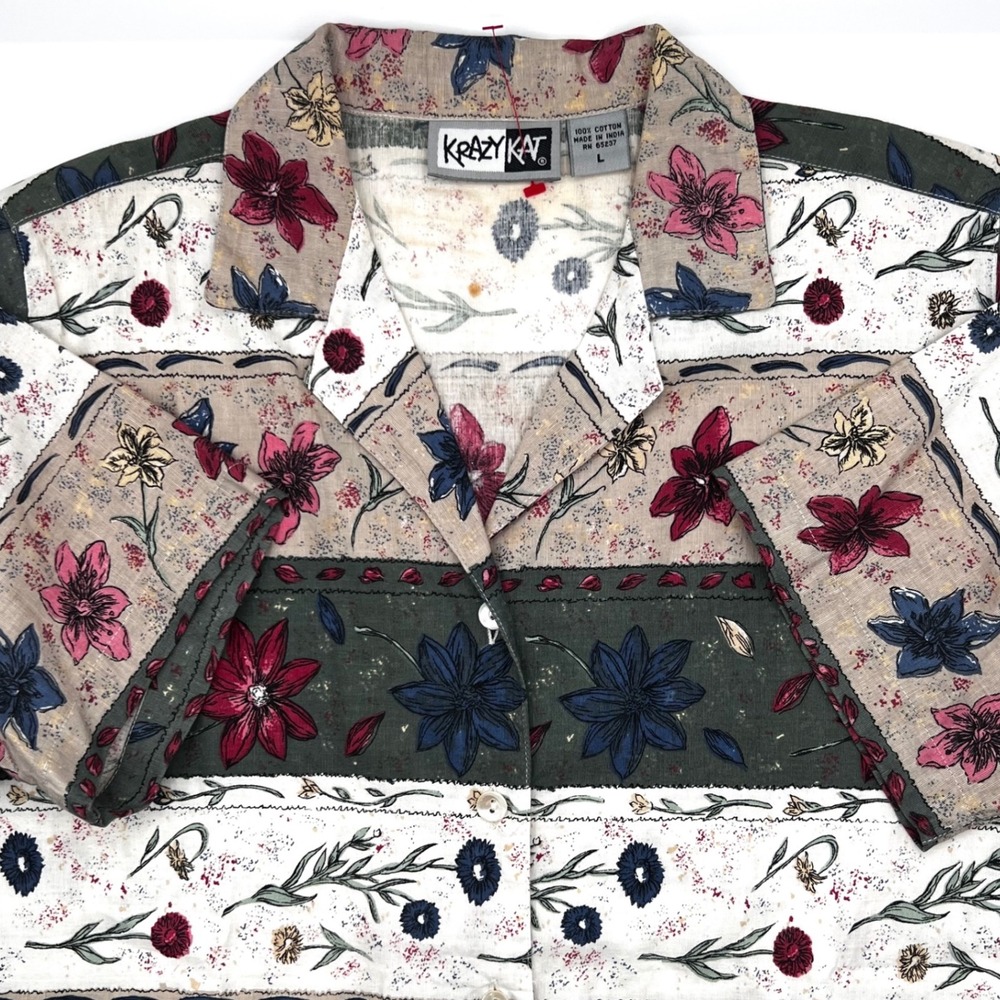 Vintage Womens Krazy Kat Floral Print Short Sleeve Button Up‎ Shirt Large 0467